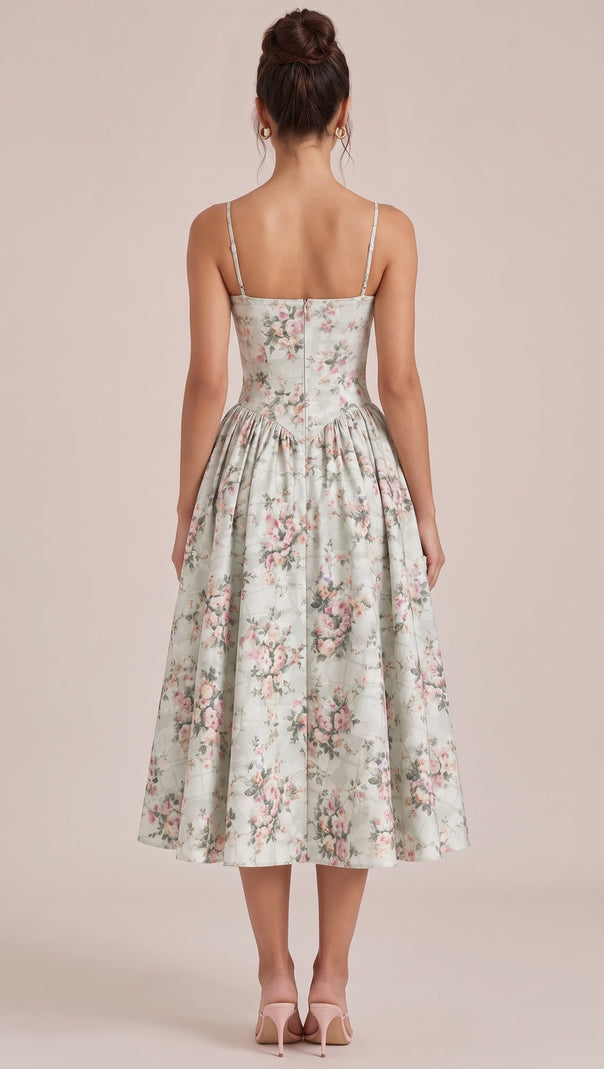 Pale Sage Green Structured Woven Cotton or Jacquard Fit-and-Flare Dress