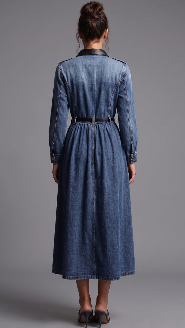 Medium Blue Denim A-Line Shirt Dress with Contrast Collar