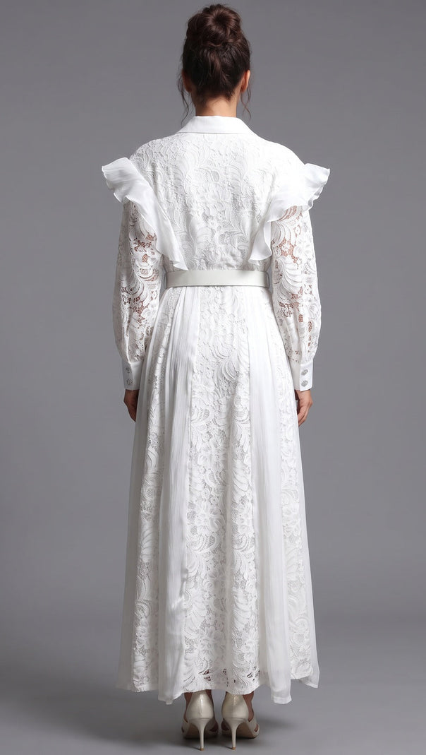 White Floral Lace A-Line Maxi Shirt Dress