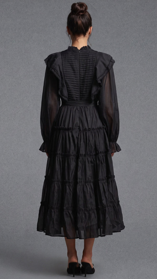 Black Tiered A-Line Midi Dress with Bishop Sleeves