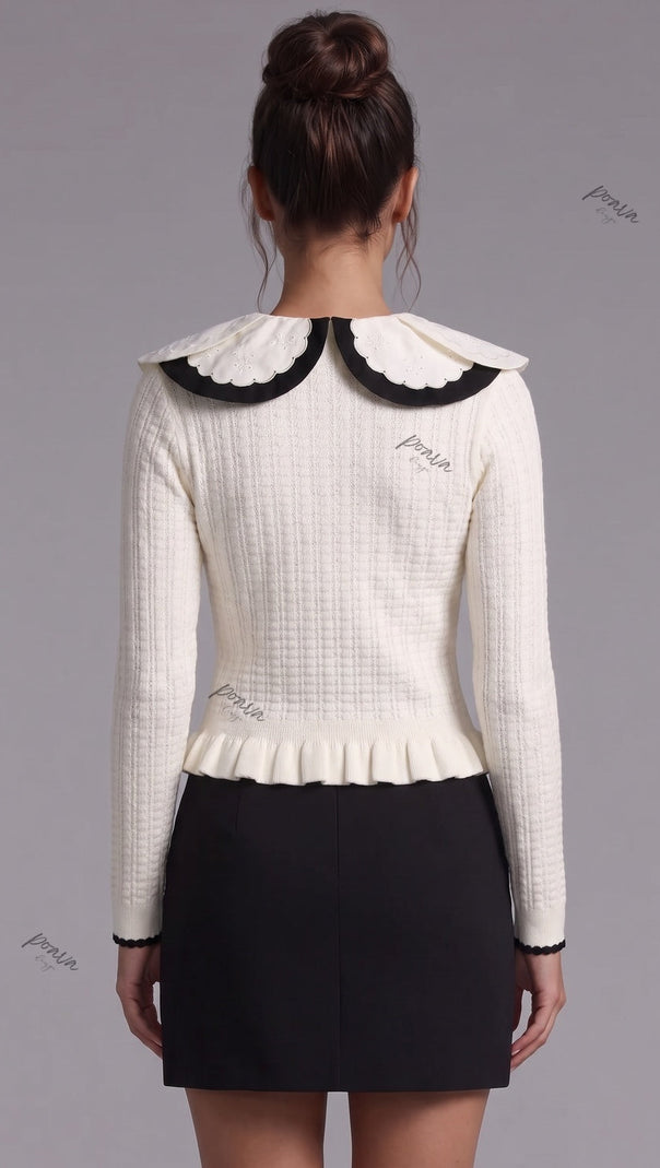 Off-White Textured Knit Fitted Peplum Cardigan