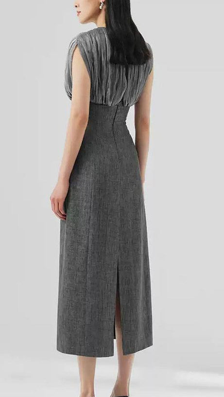 MESH STITCHING SLEEVELESS MIDI DRESS IN GREY