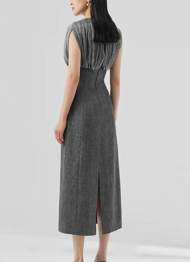 AIIZIE MESH STITCHING SLEEVELESS MIDI DRESS IN GREY - product image