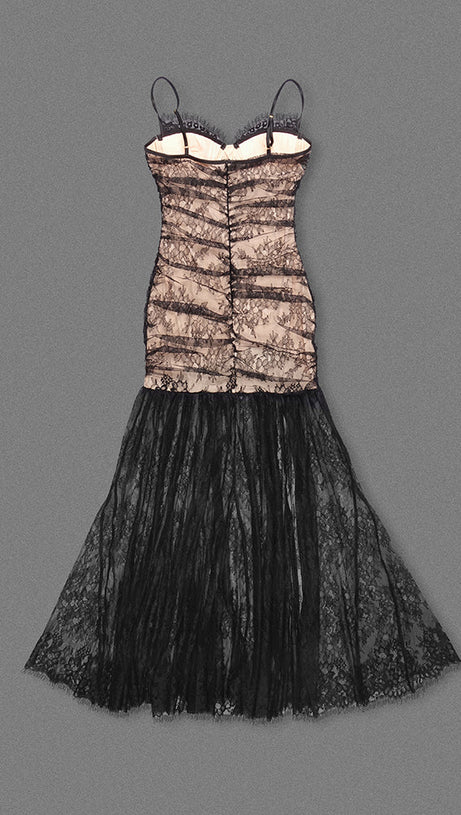 FLORAL PRINT LACE MAXI DRESS IN BLACK