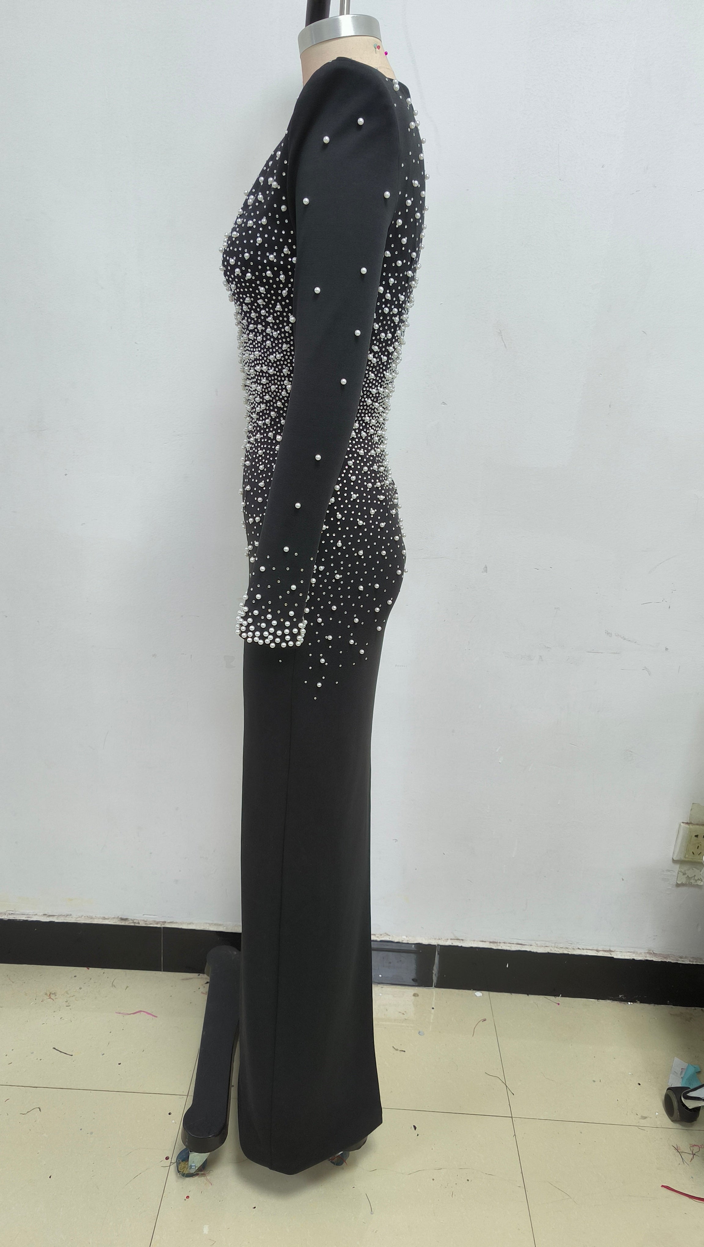 PEARL EMBELLISHED V-NECK MAXI DRESS IN BLACK