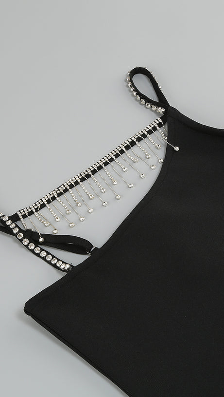 RHINESTONE METAL CHAIN TASSEL BANDAGE DRESS