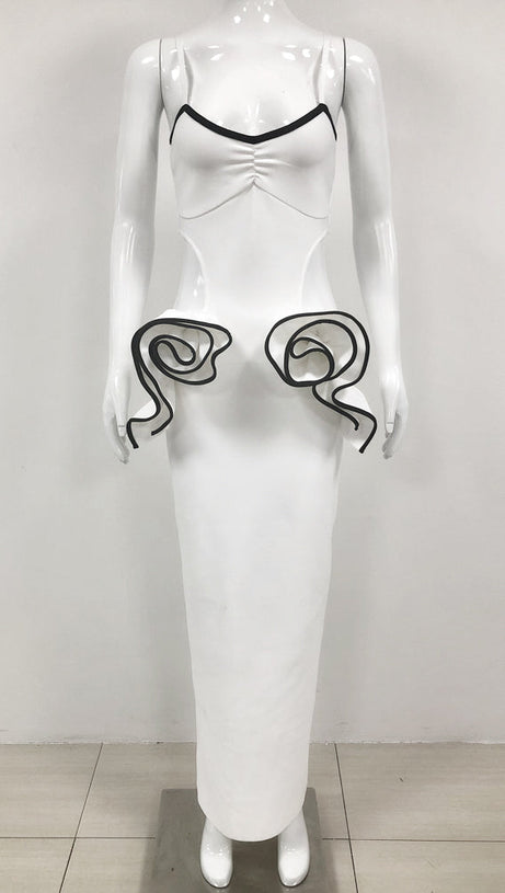 LILLIAN WAIST FLOWER RUFFLE EMBELLISHED CUT OUT MAXI DRESS