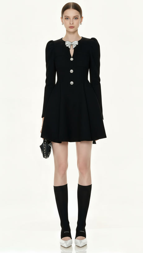 ITALIA CHIC BLACK BOW MINI DRESS - ELEGANT LONG SLEEVE STATEMENT