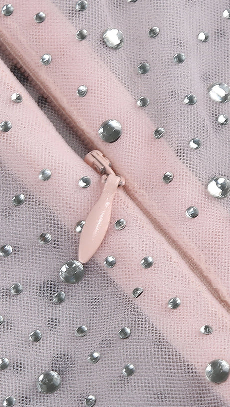 ADORA PINK BRAIDED LEATHER CRYSTAL EMBELLISHMENT MIDI DRESS