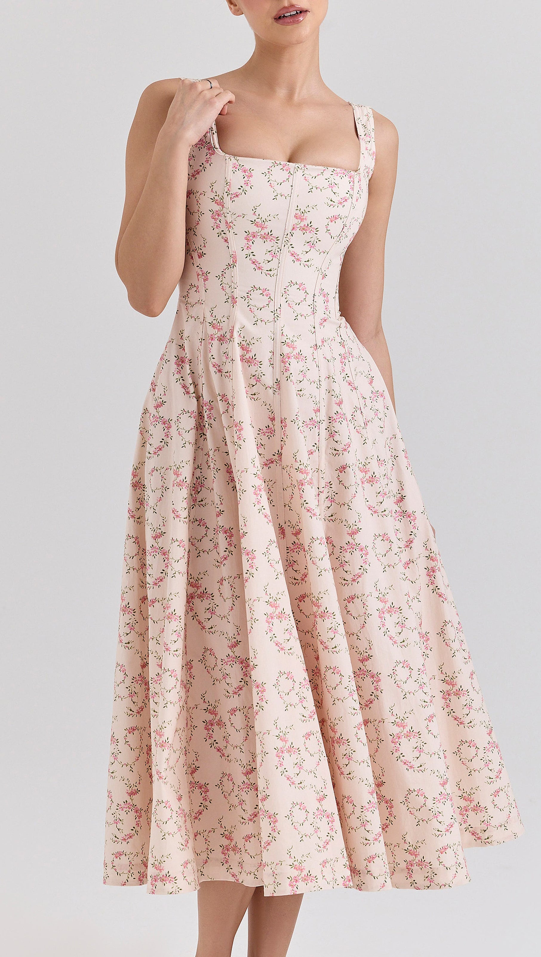 ABITO MIDI IN COTONE ELASTICIZZATO CON LACCI GEMMA FLOREALE CREMA