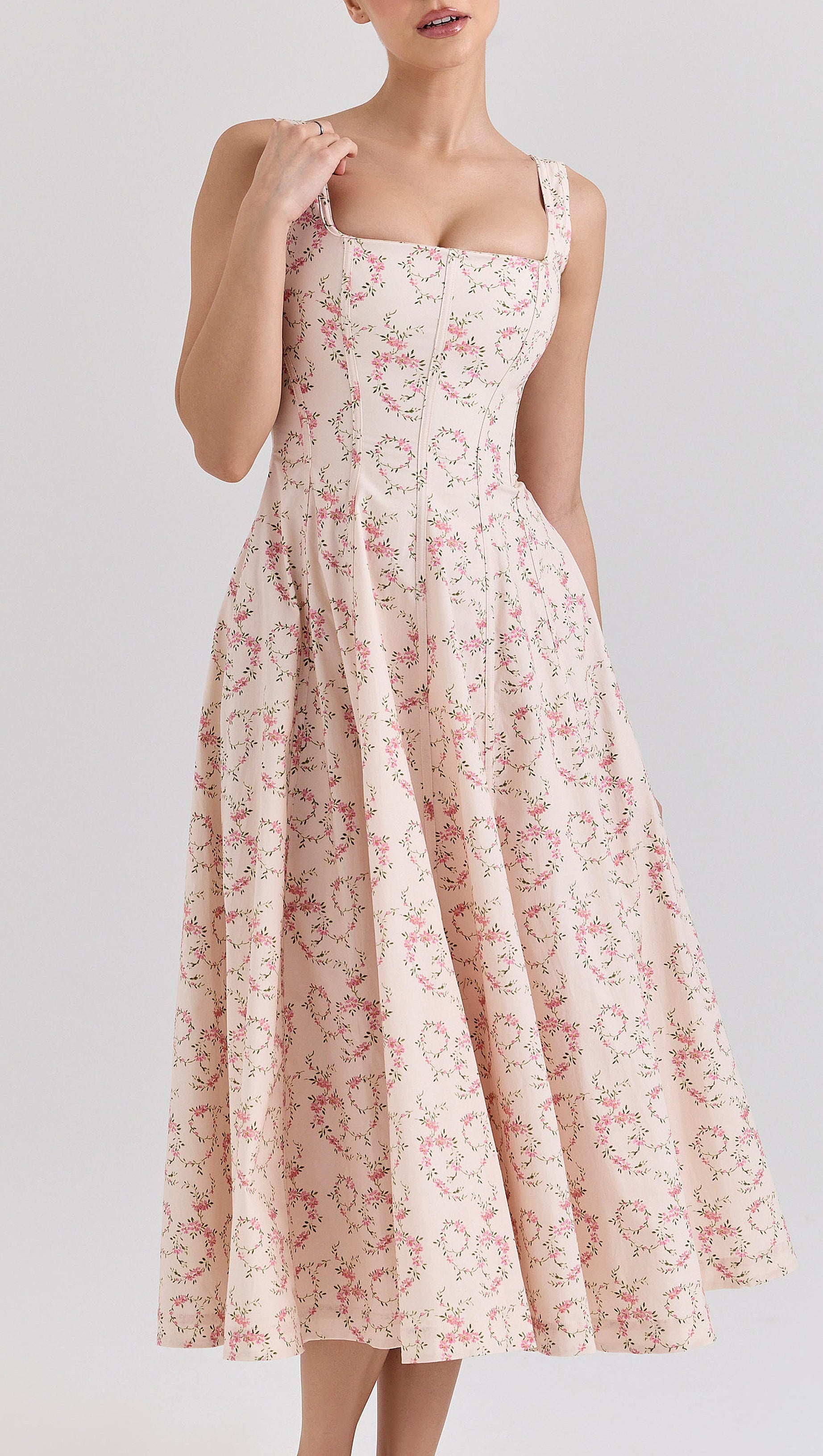 Gemma – Cremefarbenes Midikleid aus Stretch-Baumwolle mit Blumenmuster und Schnürung