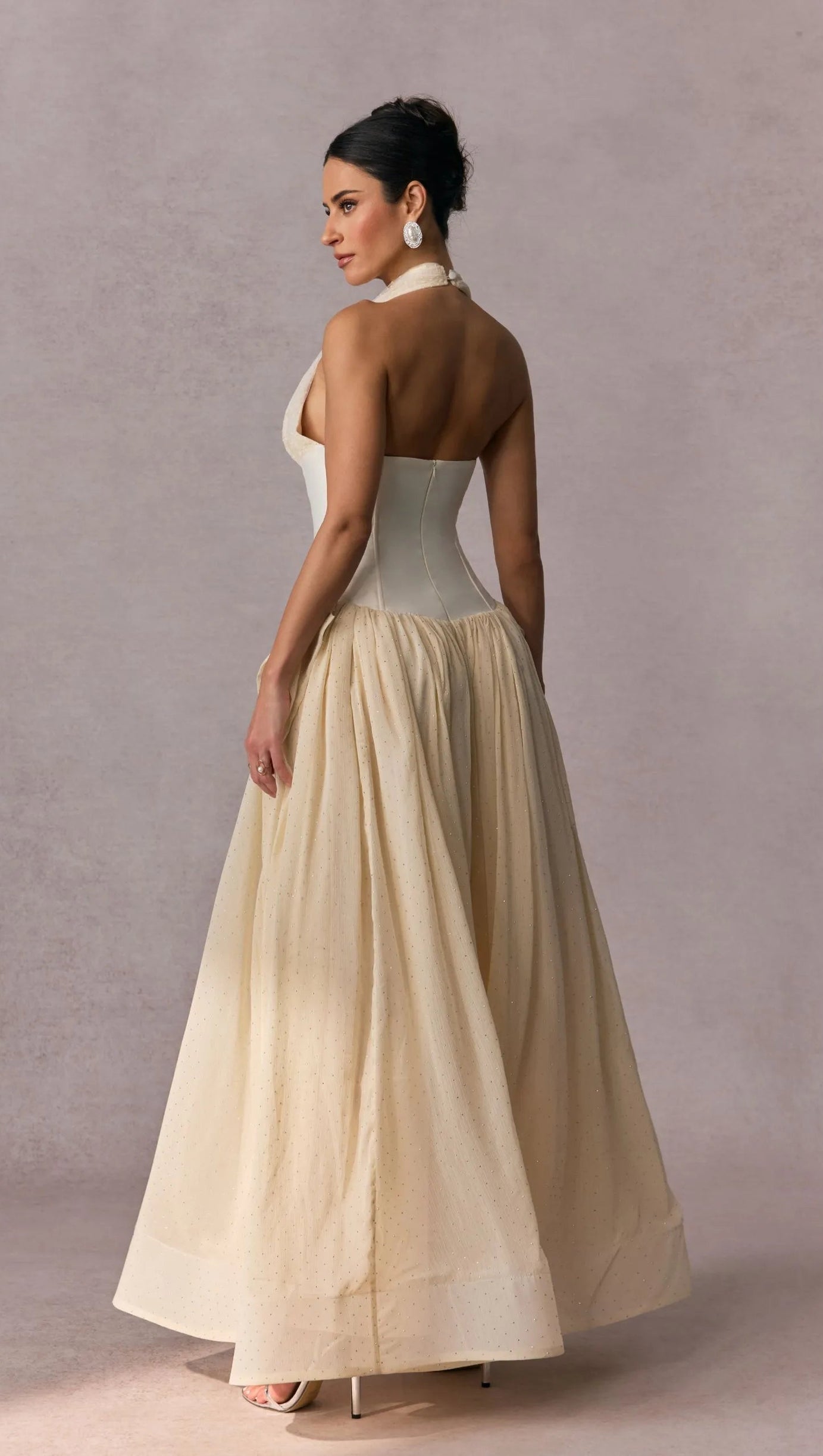 TIFFANY HALTERNECK TULLE OVERLAY MAXI DRESS IN APRICOT