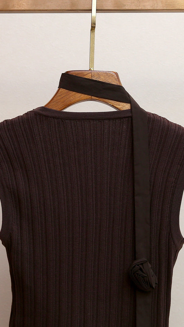 AIIZIE CHIC HUONG BROWN ASYMMETRICAL TIERED KNIT MIDI DRESS - product image