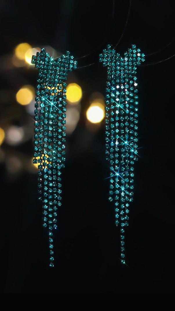 AIIZIE DAHLIA GREEN RHINESTONE HEART TASSEL EARRINGS - product image