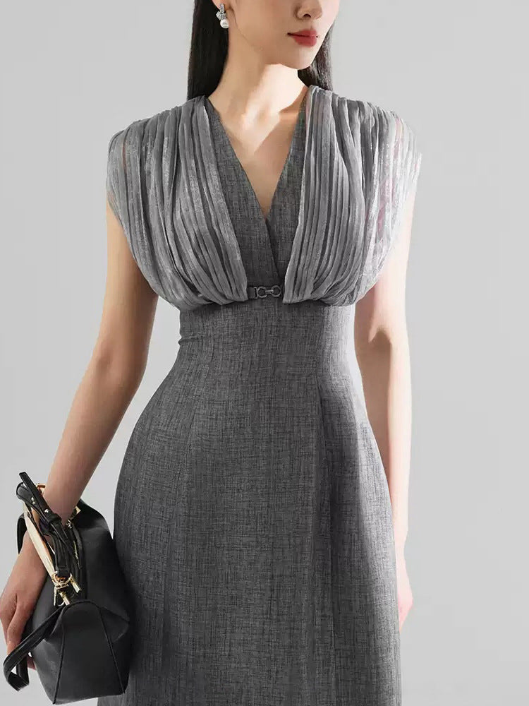 AIIZIE MESH STITCHING SLEEVELESS MIDI DRESS IN GREY - product image