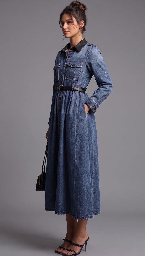 Medium Blue Denim A-Line Shirt Dress with Contrast Collar