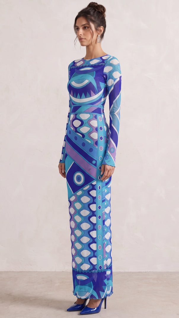Blue Purple Geometric Abstract Column Maxi Dress in Stretch Mesh