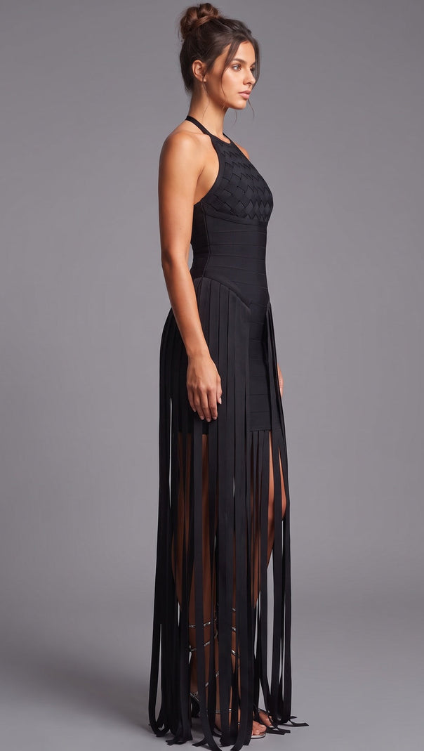 Black Bandage Knit Bodycon Gown with Fringe Overlay