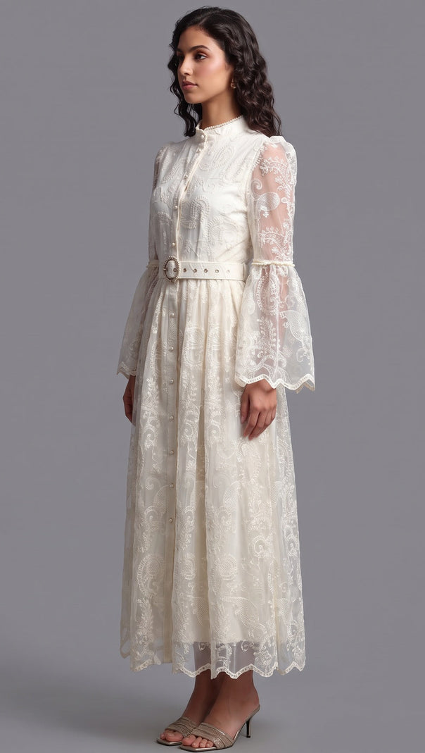 Cream Embroidered Floral Lace A-Line Dress