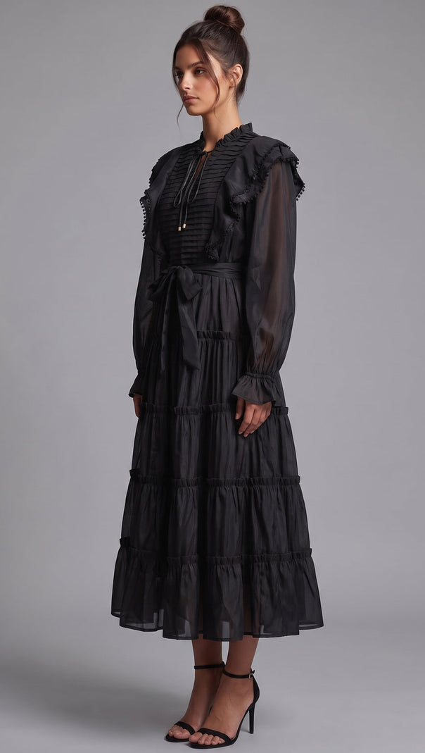 Black Tiered A-Line Midi Dress with Bishop Sleeves
