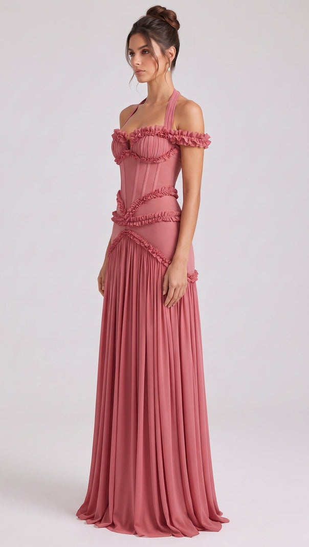 Dusty Rose Fitted Corset Gown with Tiered Ruffles and Halter Neck