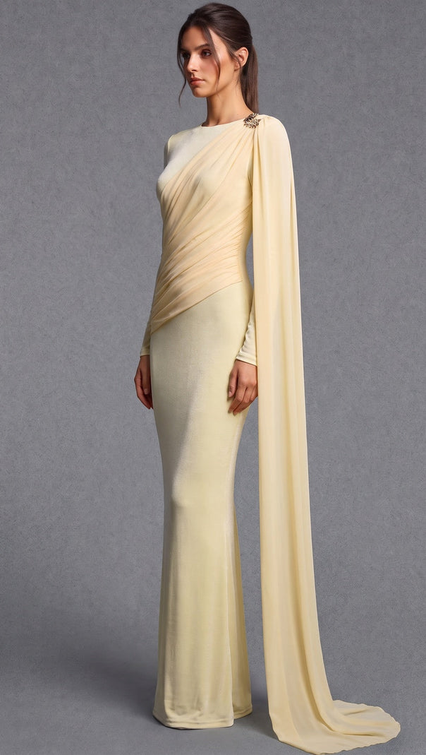 Pale Yellow Fine Stretch Knit Column Evening Gown with Asymmetric Draped Cape