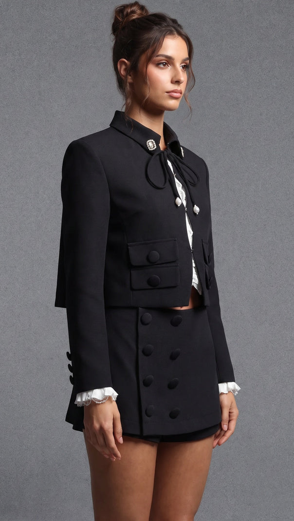 Black Structured Two-Piece Cropped Jacket and Mini Skort Set