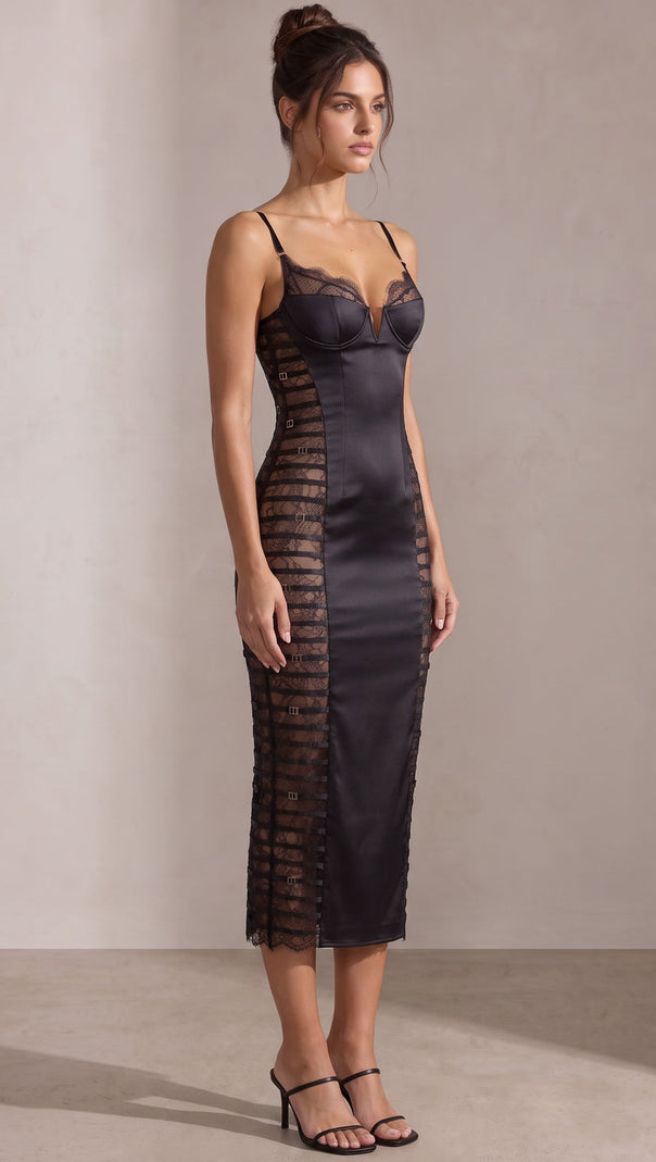 Black Satin Sheath Dress with Lace Side Panels