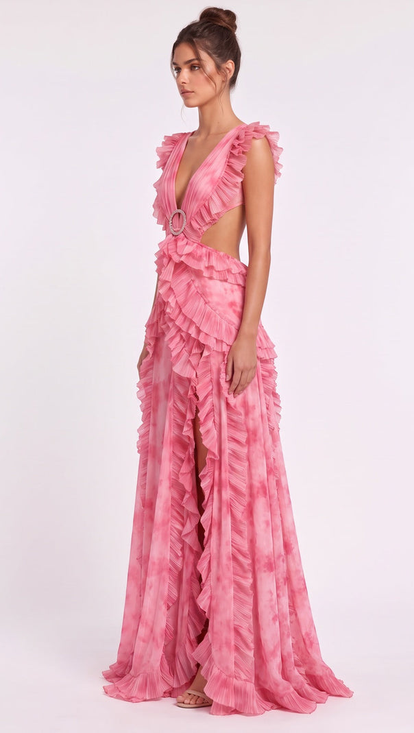 Pink Watercolor Chiffon A-Line Gown with Waist Cut-Outs