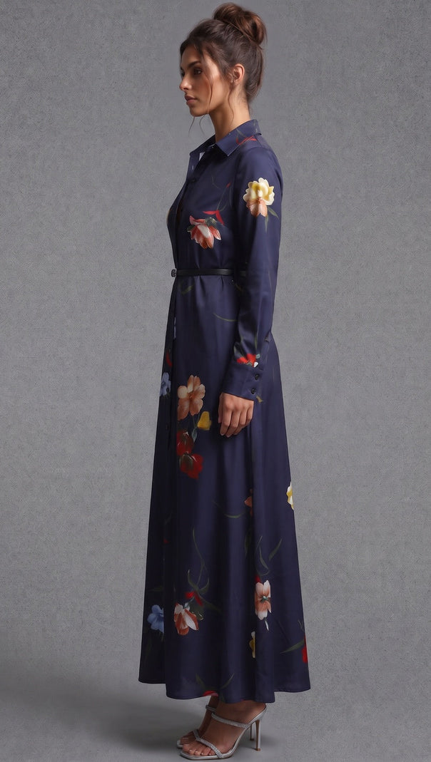 Navy Blue Floral Satin-Weave A-Line Shirt Dress