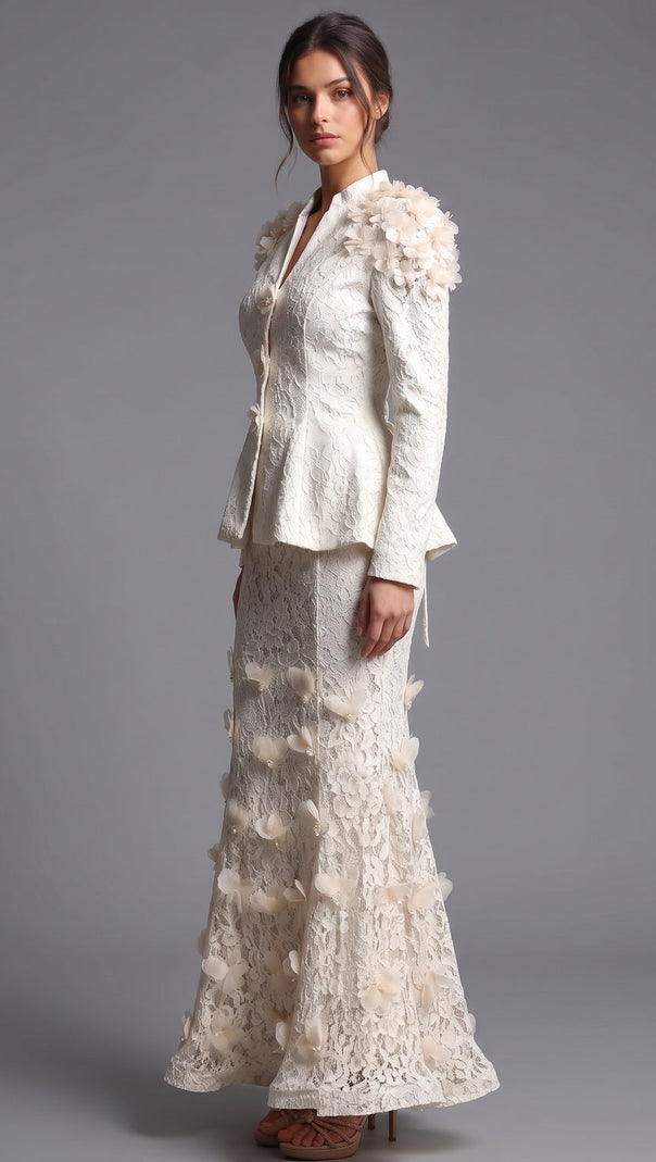Ivory Corded Floral Lace Two-Piece Skirt Suit