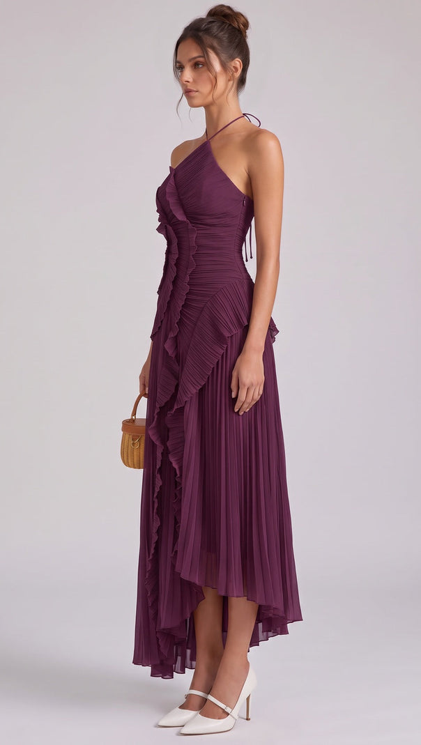 Deep Plum Asymmetrical Pleated Ruffle A-Line Dress