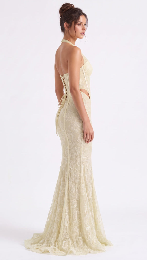 Pale Yellow Floral Lace Mermaid Gown