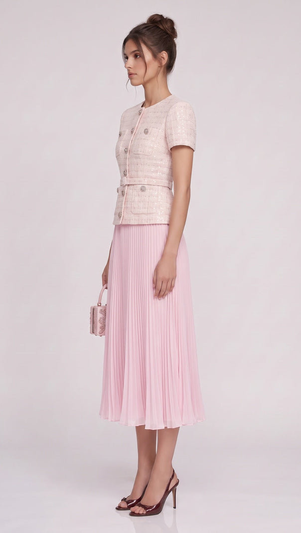 Pale Pink Tweed Fitted Bodice with Peplum and A-Line Skirt Two-Piece Set