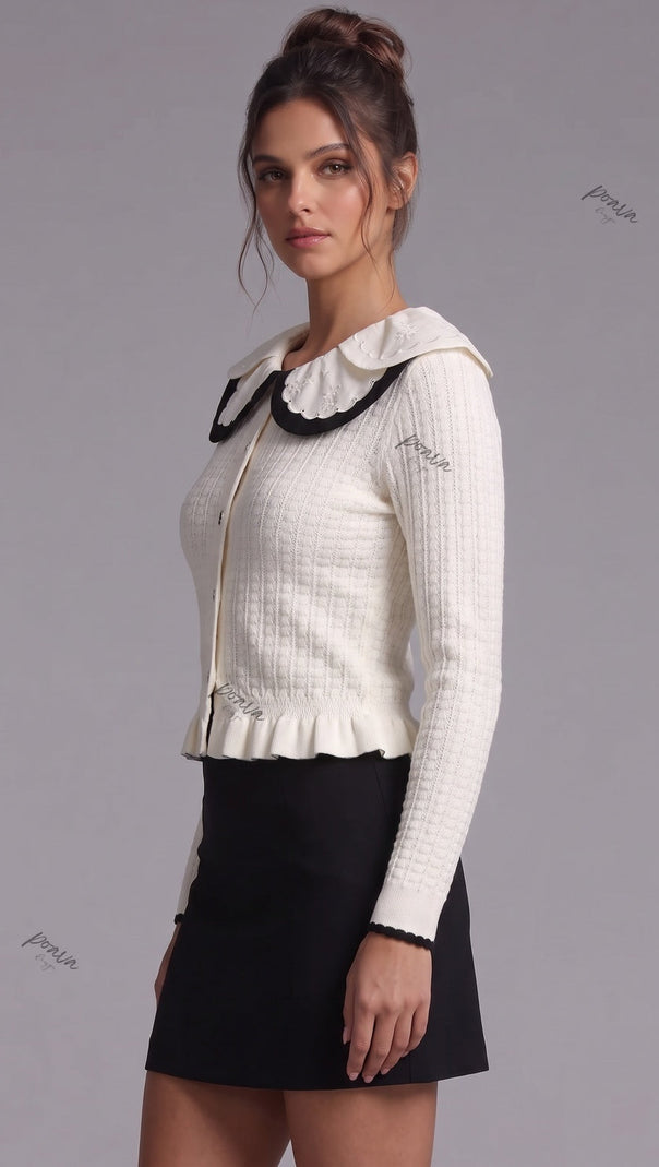 Off-White Textured Knit Fitted Peplum Cardigan