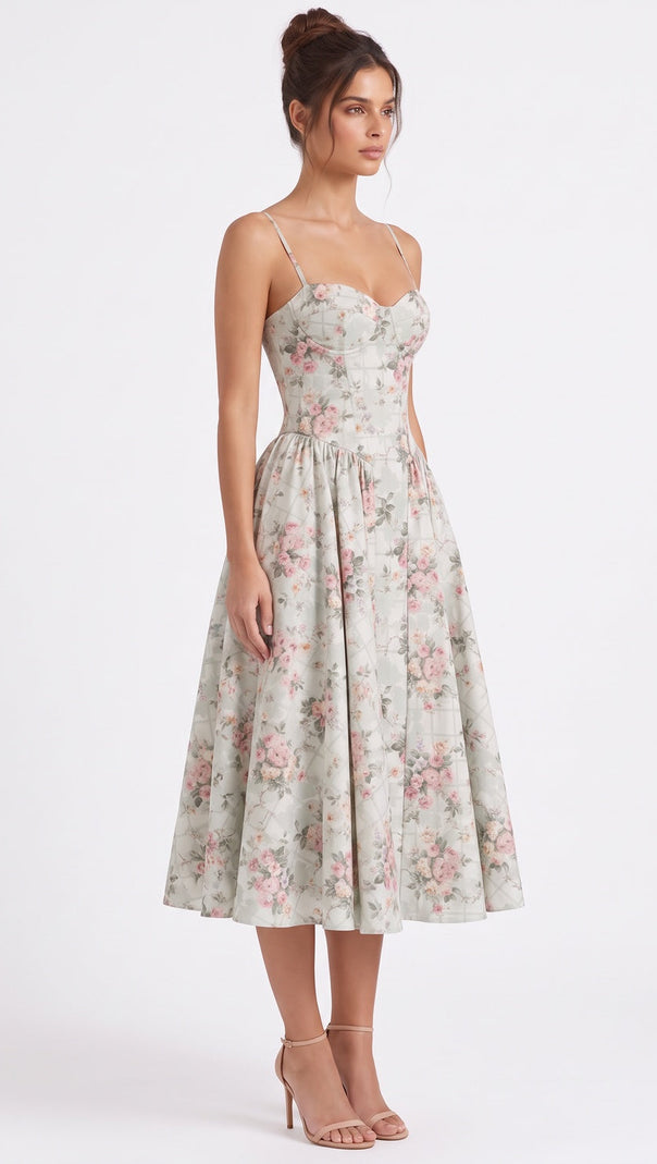 Pale Sage Green Structured Woven Cotton or Jacquard Fit-and-Flare Dress