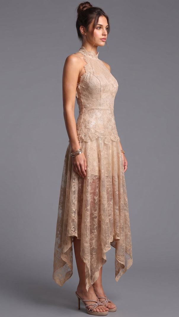 Beige Corded Floral Lace A-Line Midi Dress with Asymmetrical Hem