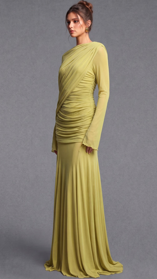 Chartreuse Ruched Mesh Gown