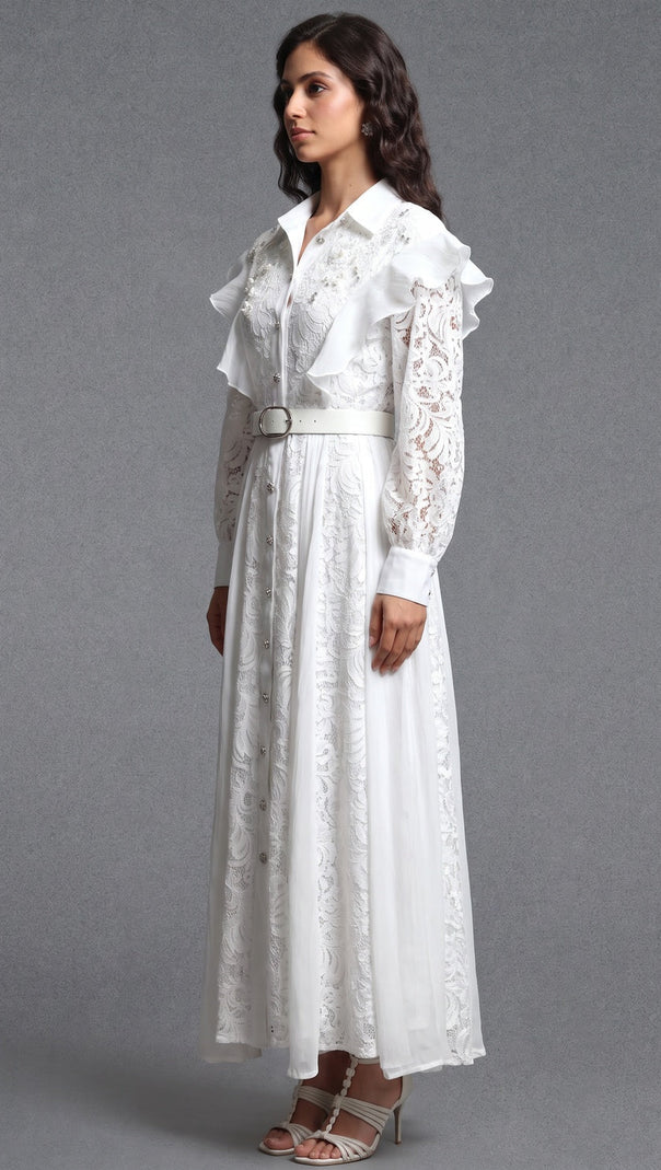White Floral Lace A-Line Maxi Shirt Dress