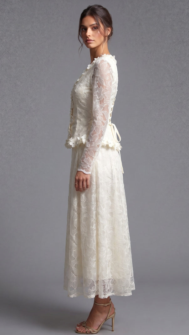 Cream Floral Lace Peplum Top & A-Line Midi Skirt Two-Piece Set
