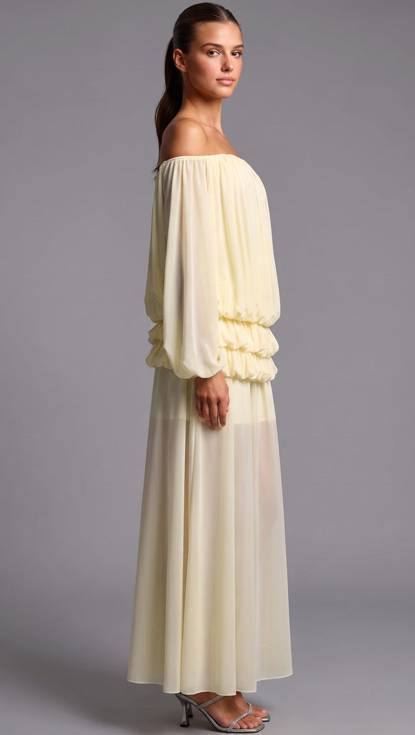 Pale Yellow Chiffon Off-The-Shoulder Blouson Two-Piece Set