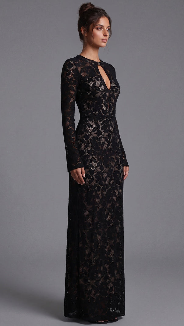 Black Floral Lace Column Gown