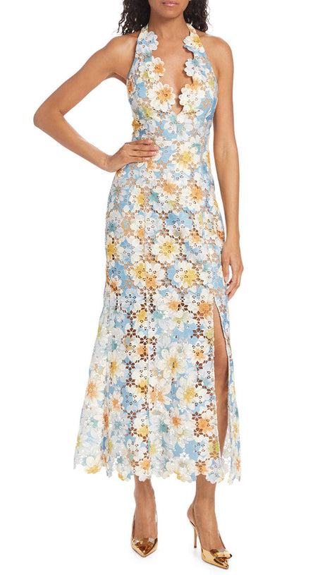 Langes Kleid mit V-Ausschnitt und seitlichem Schlitz