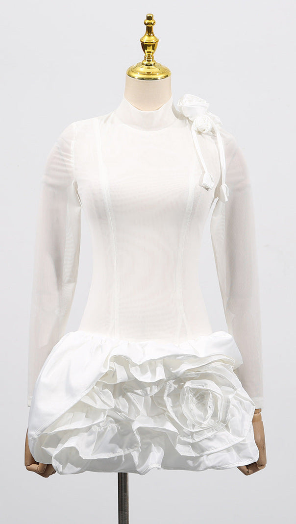 AIIZIE 3D FLOWER HEM MESH MINI DRESS IN WHITE - product image