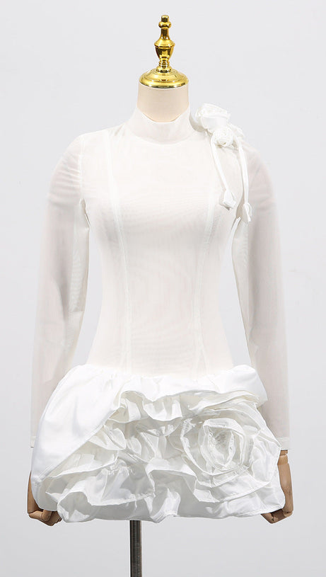 3D FLOWER HEM MESH MINI DRESS IN WHITE