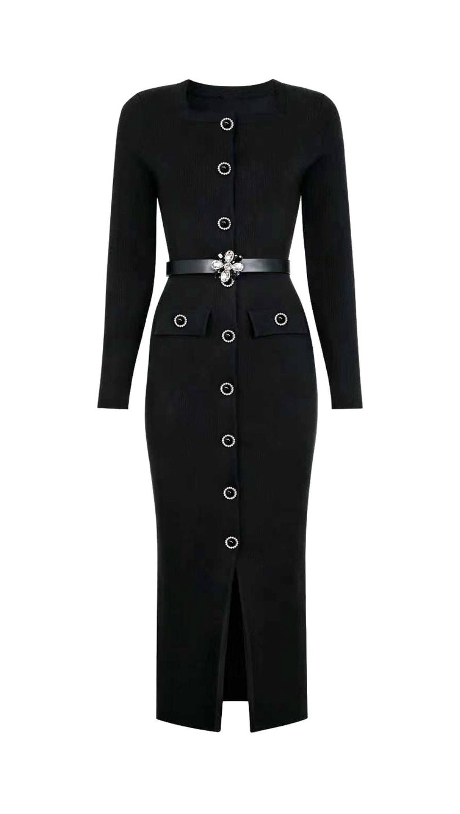 The June Knit Midi Dress: Elegant Ribbed Style with Embellished Belt