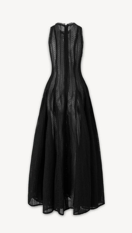 SLEEVELESS LACE CROCHET MAXI DRESS IN BLACK