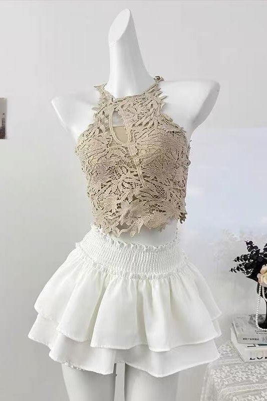 Halter Lace Corset & Puffy Tulle Skirt Two-Piece Set