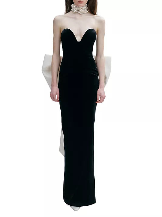 HERMOSA SILK STRAPLESS BOW GOWN IN BLACK