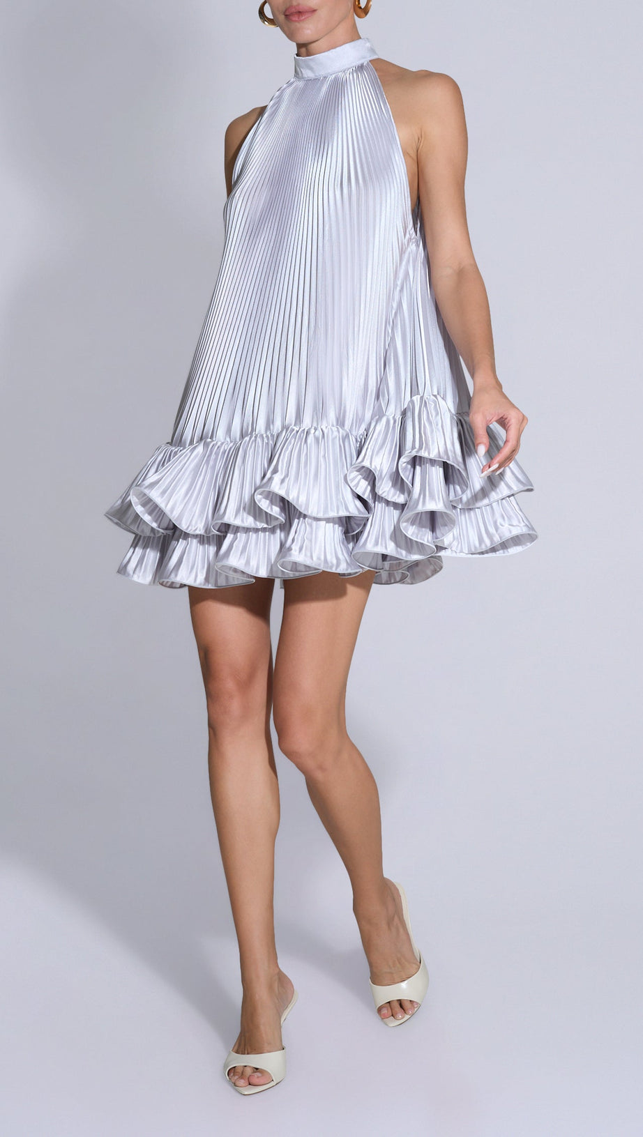 ABITO CORTO TINA A DOPPIO STRATO CON VOLANT E SCOLLO ALL'AMERICANO, BIANCO